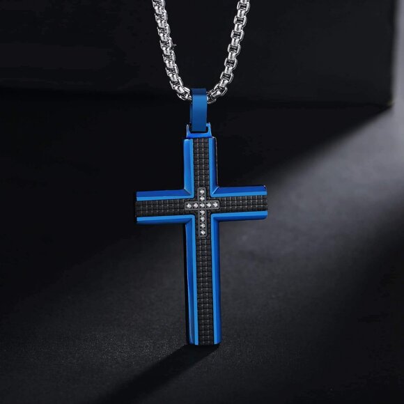 Men's Two-Tone Black & Blue Stainless Steel Carbon Fiber Cross Necklace - Picture 2 of 6